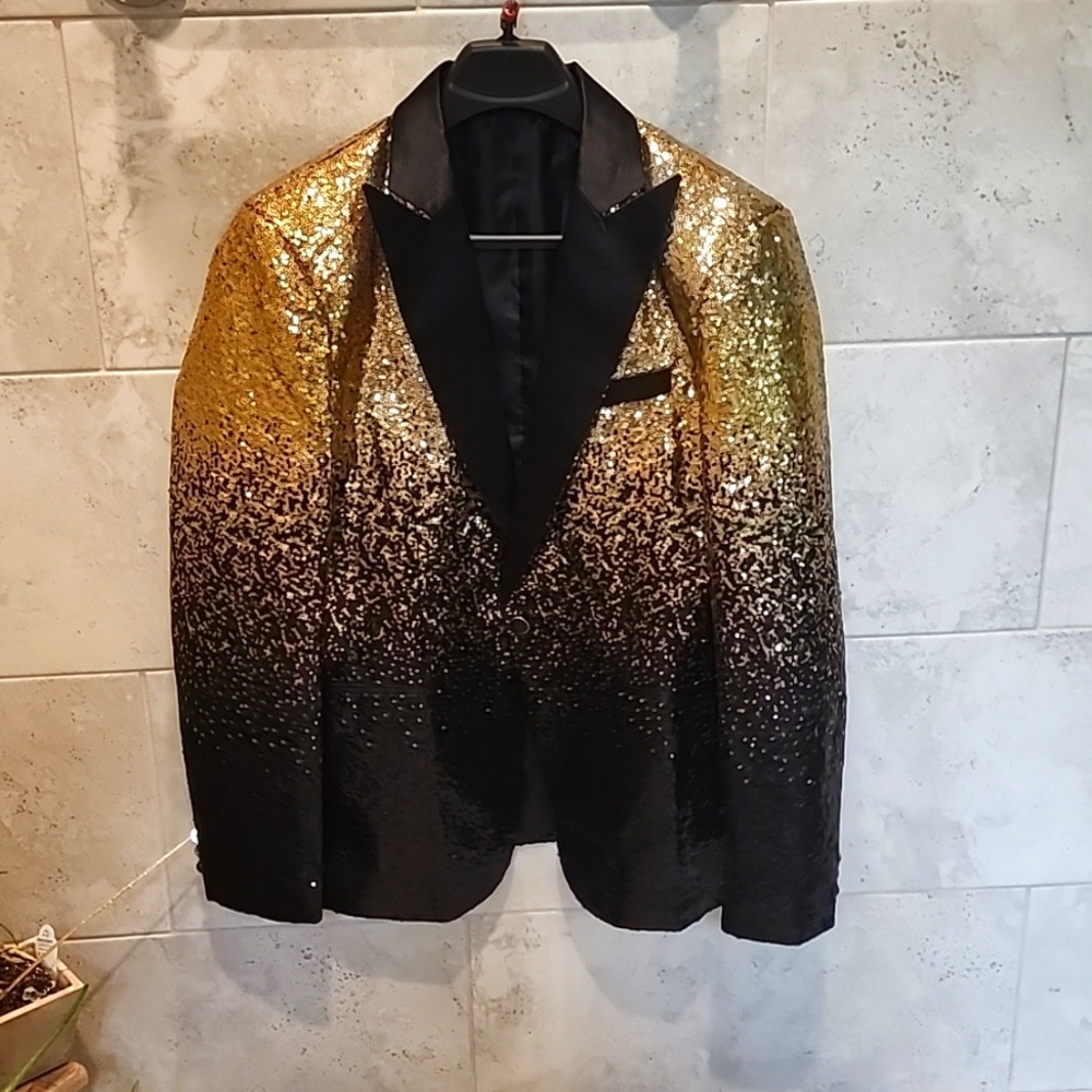 Coofundy Men's Large suit jacket black to gold sequenc ombre